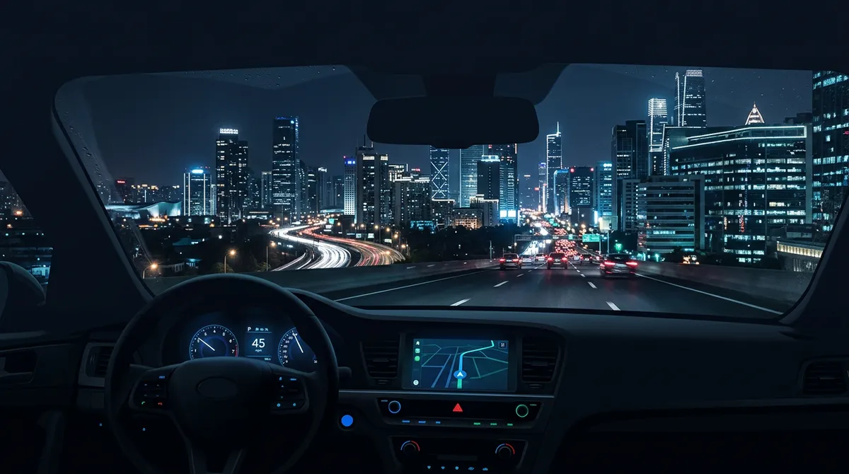 Nocna sceneria drogowa — ilustracja do materiałów o adaptacji kierowcy do ubezpieczenia pojazdu